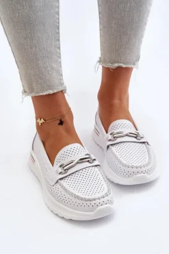 Skórzane Mokasyny Damskie Białe Veridinna