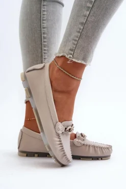 Skórzane Mokasyny Damskie Z Ozdobą Beżowe S.Barski LR339