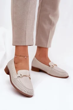 Skórzane Mokasyny Damskie Z Ozdobą Na Płaskim Obcasie S.Barski LR51-588 Beżowe