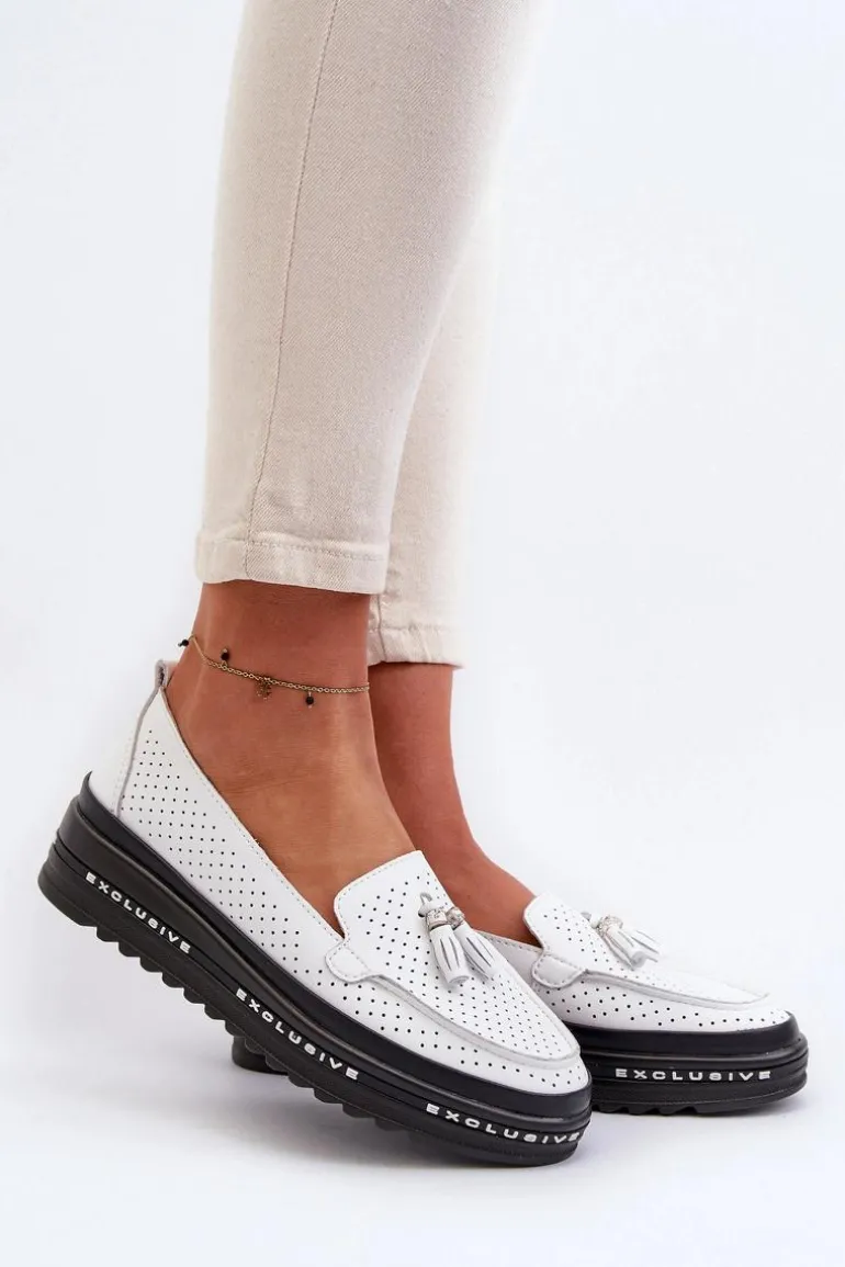 Skórzane Mokasyny Damskie Na Platformie Białe Assetnima