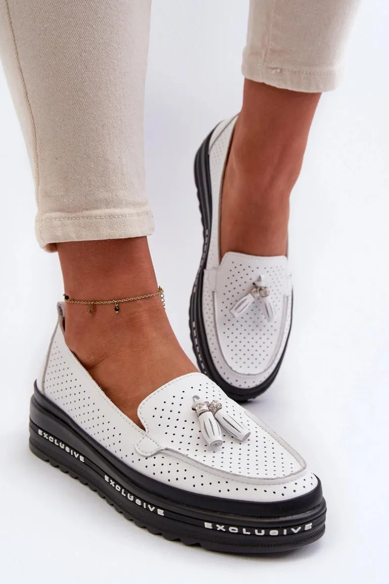 Skórzane Mokasyny Damskie Na Platformie Białe Assetnima
