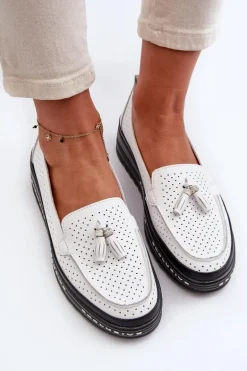Skórzane Mokasyny Damskie Na Platformie Białe Assetnima