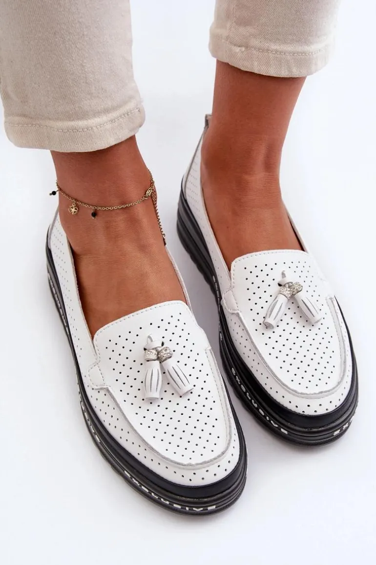 Skórzane Mokasyny Damskie Na Platformie Białe Assetnima