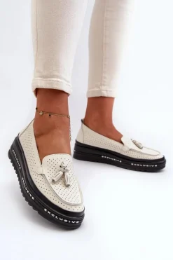 Skórzane Mokasyny Damskie Na Platformie Beżowe Assetnima