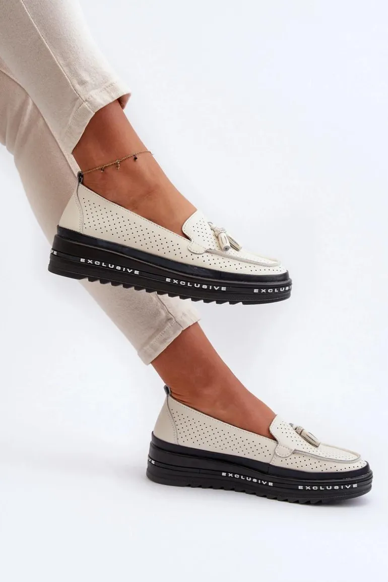 Skórzane Mokasyny Damskie Na Platformie Beżowe Assetnima