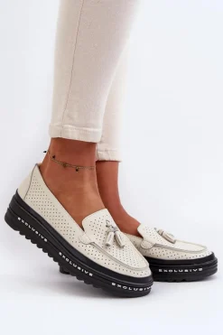 Skórzane Mokasyny Damskie Na Platformie Beżowe Assetnima