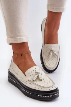 Skórzane Mokasyny Damskie Na Platformie Beżowe Assetnima