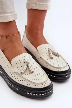 Skórzane Mokasyny Damskie Na Platformie Beżowe Assetnima