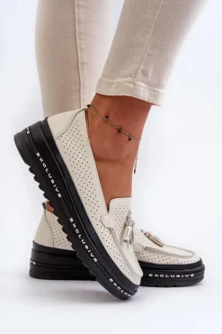 Skórzane Mokasyny Damskie Na Platformie Beżowe Assetnima