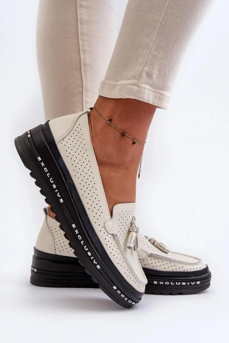 Skórzane Mokasyny Damskie Na Platformie Beżowe Assetnima