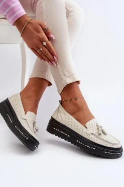 Skórzane Mokasyny Damskie Na Platformie Beżowe Assetnima