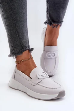 Skórzane Mokasyny Damskie Na Platformie Jasnoszare S.Barski LR490