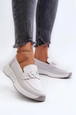 Skórzane Mokasyny Damskie Na Platformie Jasnoszare S.Barski LR490