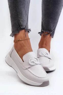 Skórzane Mokasyny Damskie Na Platformie Jasnoszare S.Barski LR490