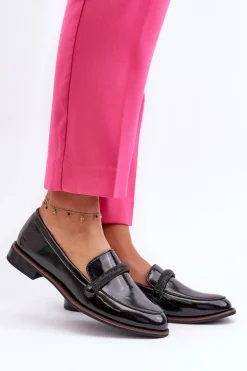 Skórzane Mokasyny Damskie Z Ozdobnym Paseczkiem Lakierowane Czarne Saosin