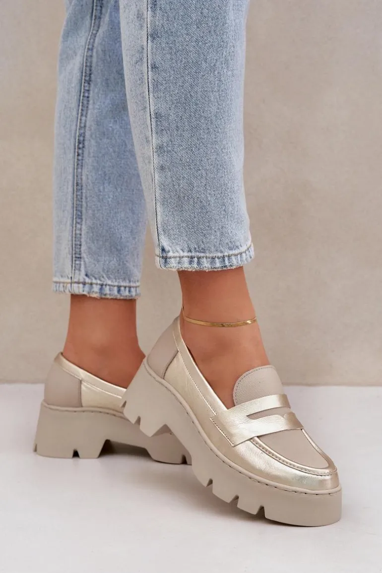 Skórzane Mokasyny Damskie Na Platformie I Płaskim Obcasie Zazoo 20191 Złote