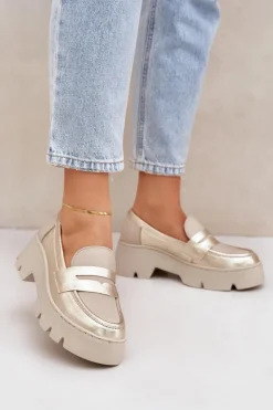 Skórzane Mokasyny Damskie Na Platformie I Płaskim Obcasie Zazoo 20191 Złote