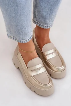 Skórzane Mokasyny Damskie Na Platformie I Płaskim Obcasie Zazoo 20191 Złote