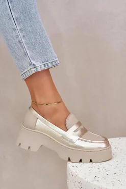 Skórzane Mokasyny Damskie Na Platformie I Płaskim Obcasie Zazoo 20191 Złote