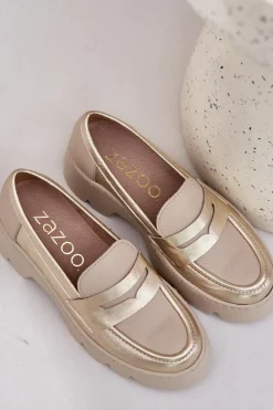 Skórzane Mokasyny Damskie Na Platformie I Płaskim Obcasie Zazoo 20191 Złote