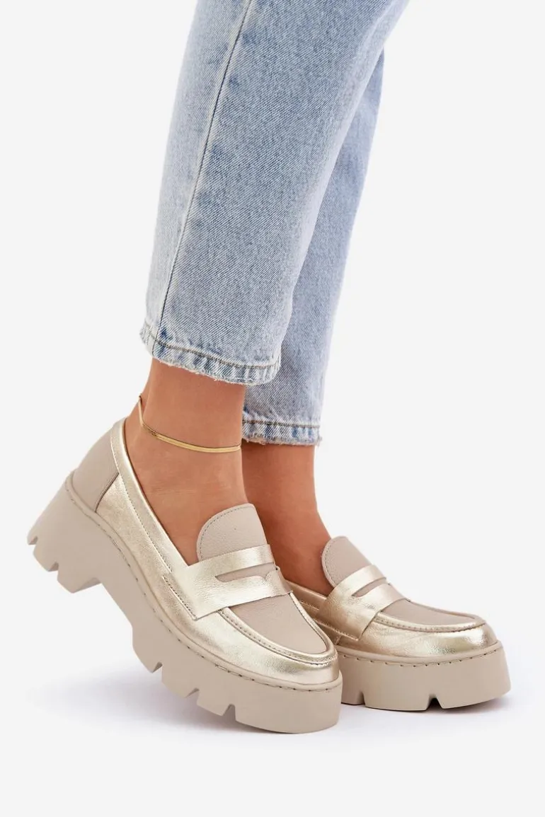 Skórzane Mokasyny Damskie Na Platformie I Płaskim Obcasie Zazoo 20191 Złote