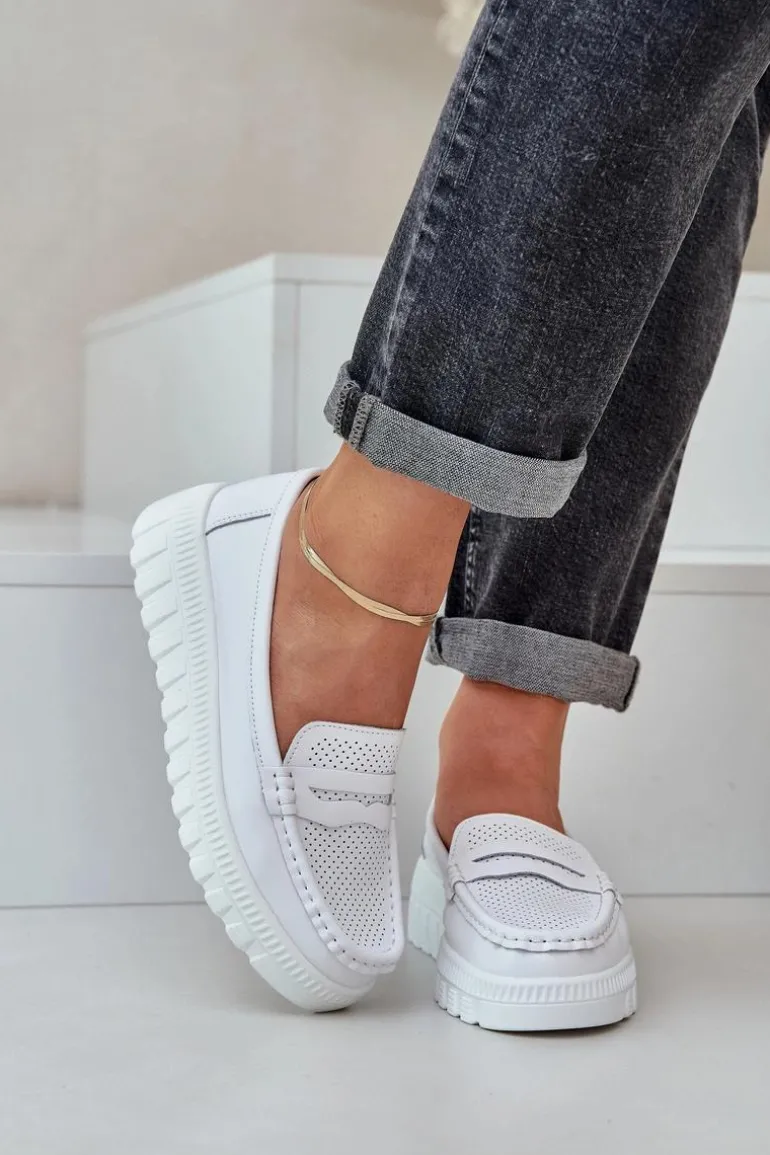 Skórzane Mokasyny Damskie Na Platformie I Koturnie Białe Elanindel