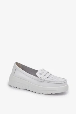 Skórzane Mokasyny Damskie Na Platformie I Koturnie Białe Elanindel