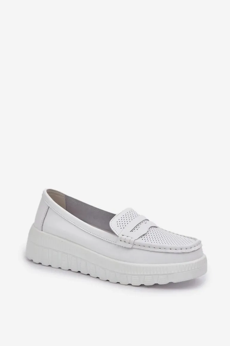 Skórzane Mokasyny Damskie Na Platformie I Koturnie Białe Elanindel