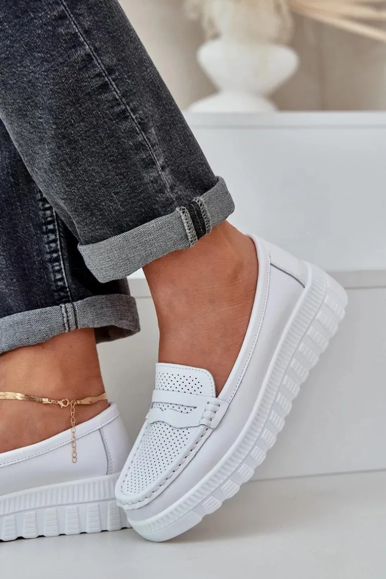 Skórzane Mokasyny Damskie Na Platformie I Koturnie Białe Elanindel