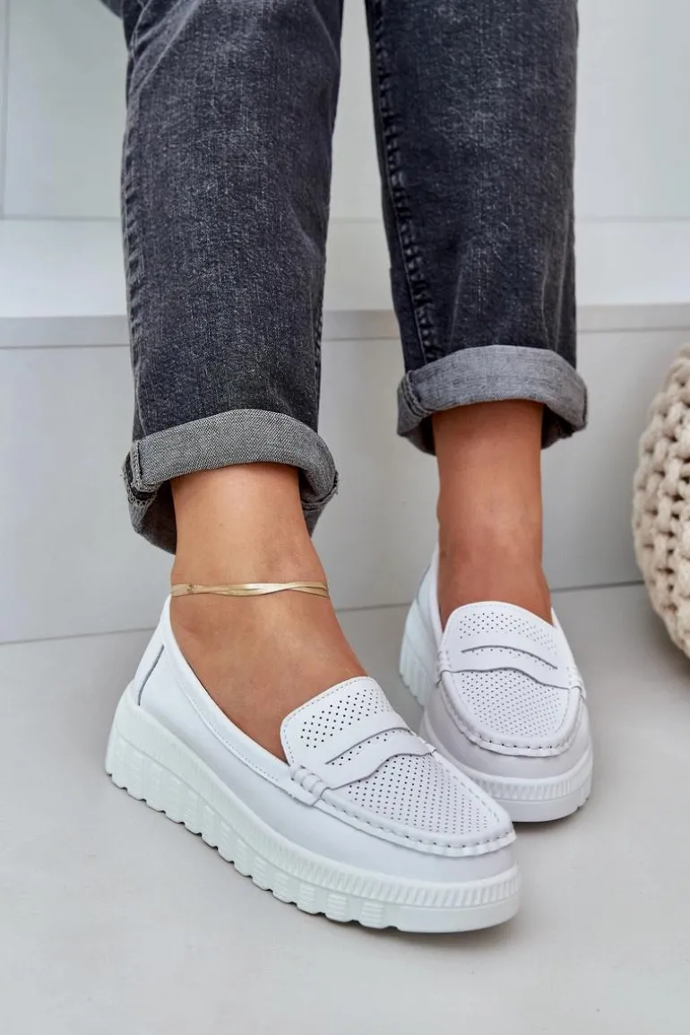 Skórzane Mokasyny Damskie Na Platformie I Koturnie Białe Elanindel