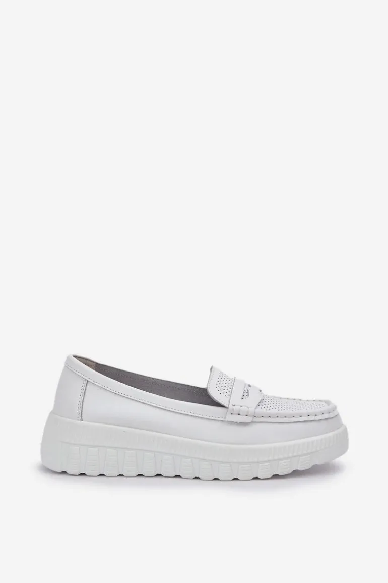 Skórzane Mokasyny Damskie Na Platformie I Koturnie Białe Elanindel