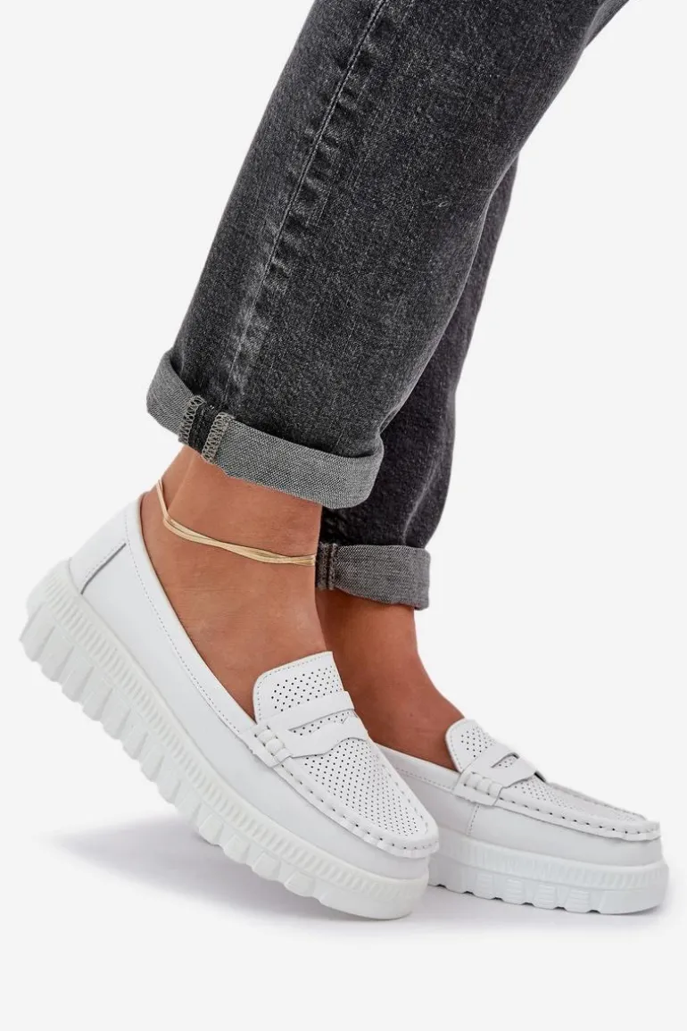 Skórzane Mokasyny Damskie Na Platformie I Koturnie Białe Elanindel