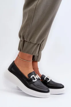 Skórzane Mokasyny Damskie Na Platformie Czarne S.Barski LR720