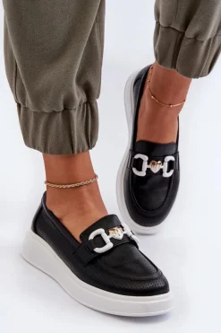 Skórzane Mokasyny Damskie Na Platformie Czarne S.Barski LR720