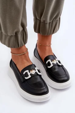 Skórzane Mokasyny Damskie Na Platformie Czarne S.Barski LR720