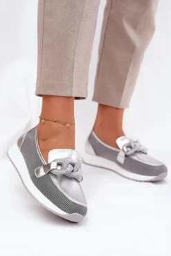 Skórzane Mokasyny Damskie Z Ozdobą D&A LR51-966 Srebrne