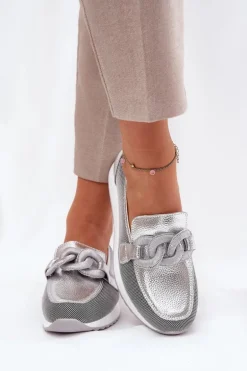 Skórzane Mokasyny Damskie Z Ozdobą D&A LR51-966 Srebrne