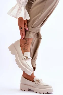 Skórzane Mokasyny Damskie Beżowe Camerin