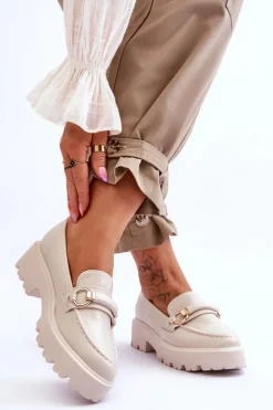 Skórzane Mokasyny Damskie Beżowe Camerin