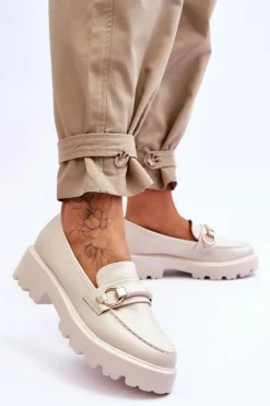 Skórzane Mokasyny Damskie Beżowe Camerin