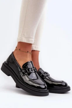 Skórzane Mokasyny Damskie Lakierowane Czarne Keelana