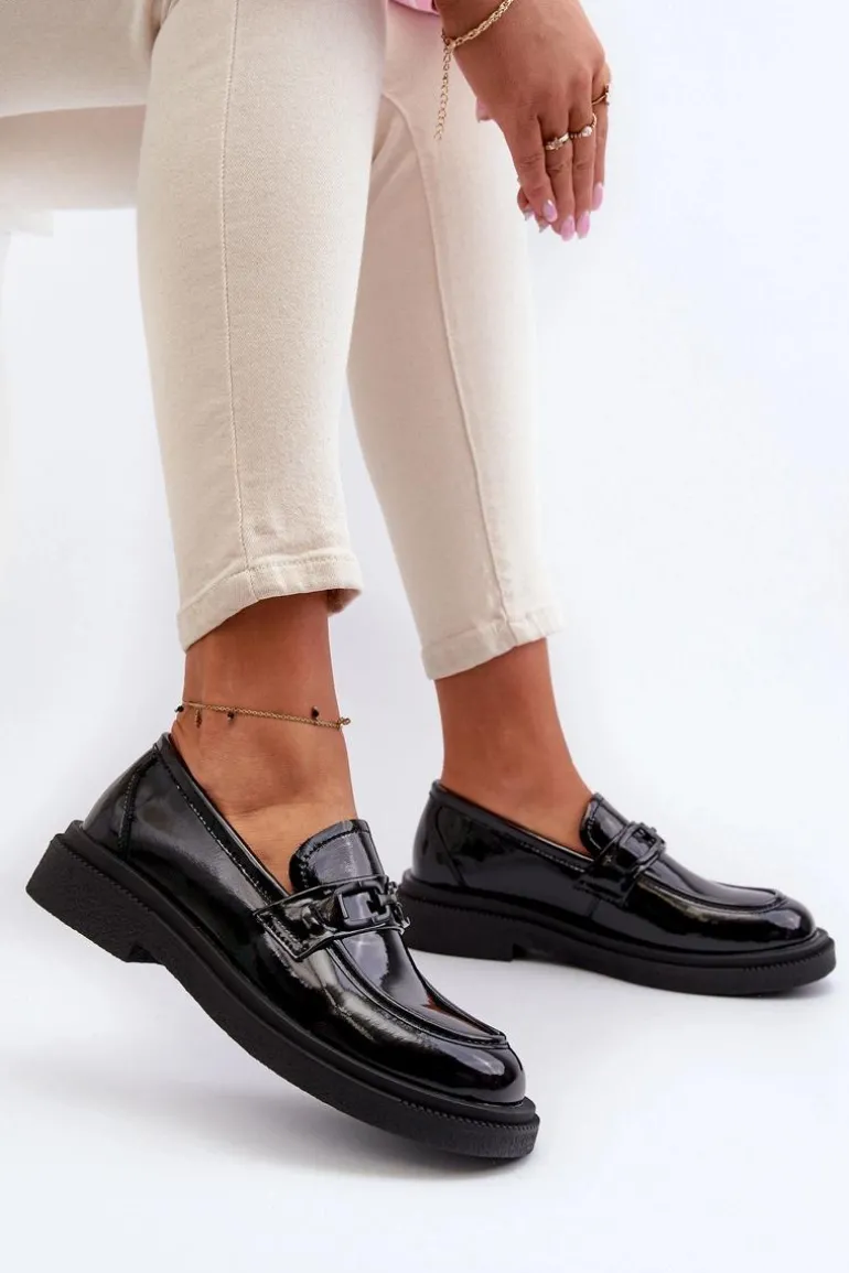 Skórzane Mokasyny Damskie Lakierowane Czarne Keelana