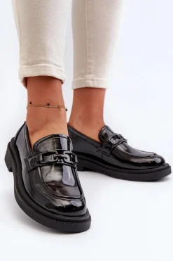 Skórzane Mokasyny Damskie Lakierowane Czarne Keelana