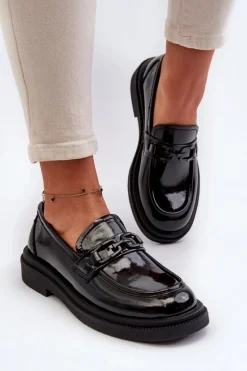 Skórzane Mokasyny Damskie Lakierowane Czarne Keelana