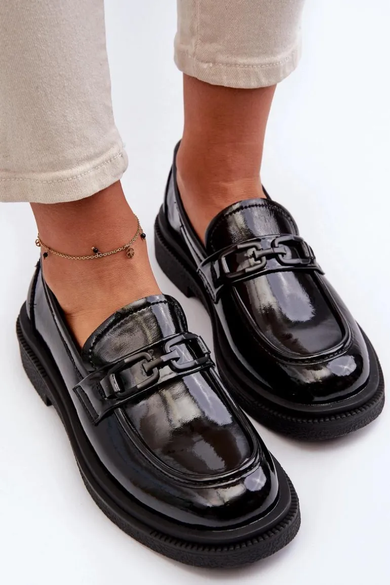 Skórzane Mokasyny Damskie Lakierowane Czarne Keelana