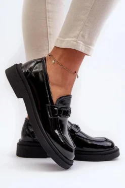 Skórzane Mokasyny Damskie Lakierowane Czarne Keelana