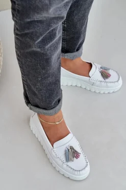 Skórzane Mokasyny Damskie Z Frędzlami Na Platformie I Koturnie Białe Eleazetta