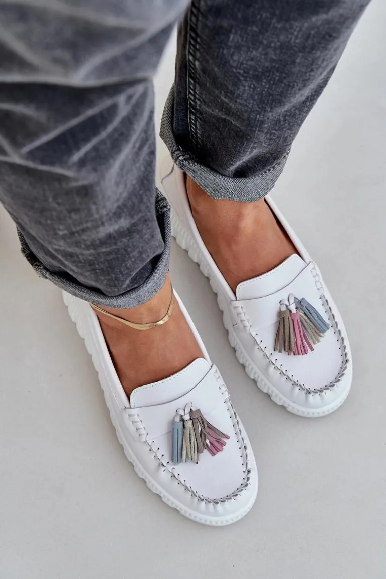 Skórzane Mokasyny Damskie Z Frędzlami Na Platformie I Koturnie Białe Eleazetta