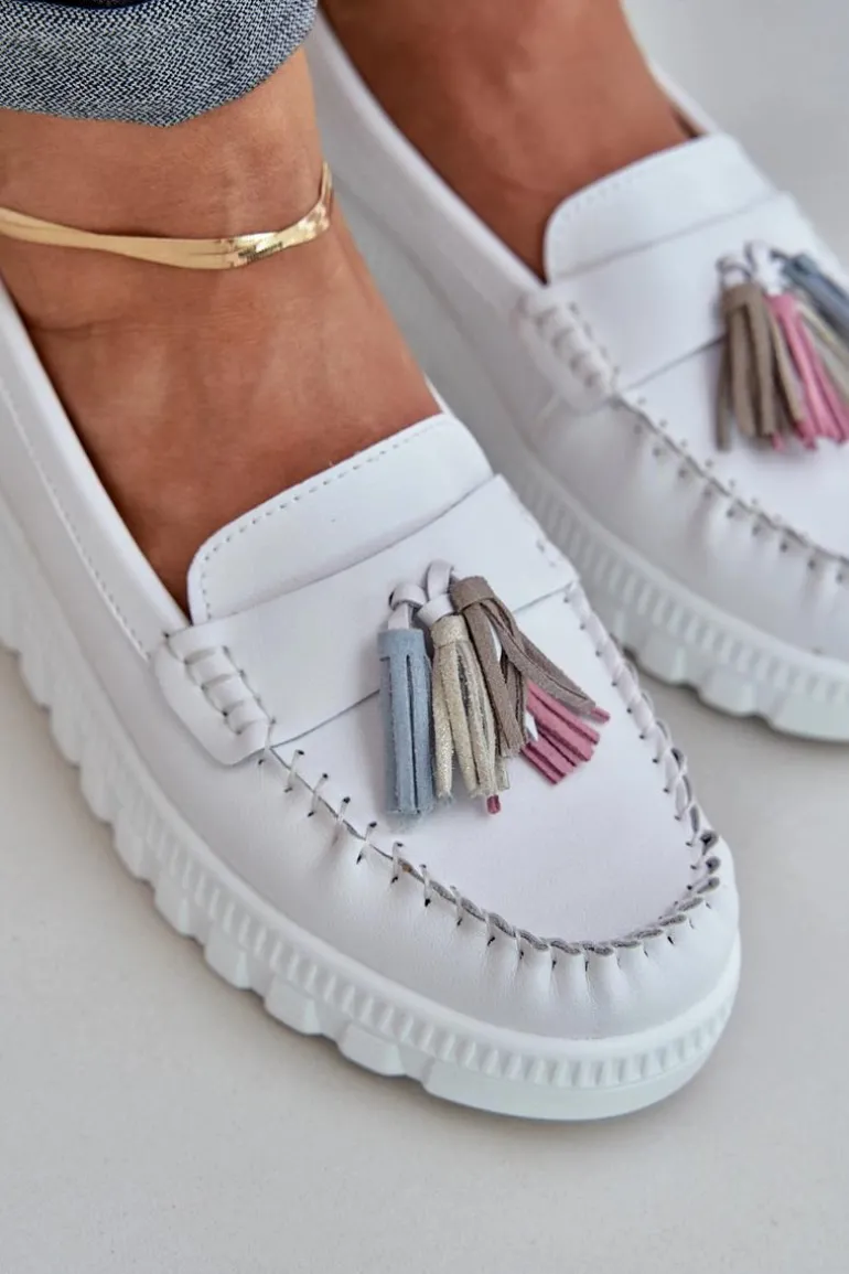 Skórzane Mokasyny Damskie Z Frędzlami Na Platformie I Koturnie Białe Eleazetta