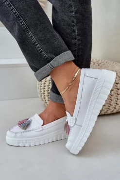 Skórzane Mokasyny Damskie Z Frędzlami Na Platformie I Koturnie Białe Eleazetta